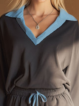 Casual Blue Collared Sweatshirt And Dark Gray Shorts Set