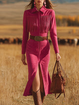 Retro Western Style Fringed Pink Faux Suede Midi Dress