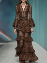 Casual And Stylish V-neck Ruffled Brown Lace Maxi Dress