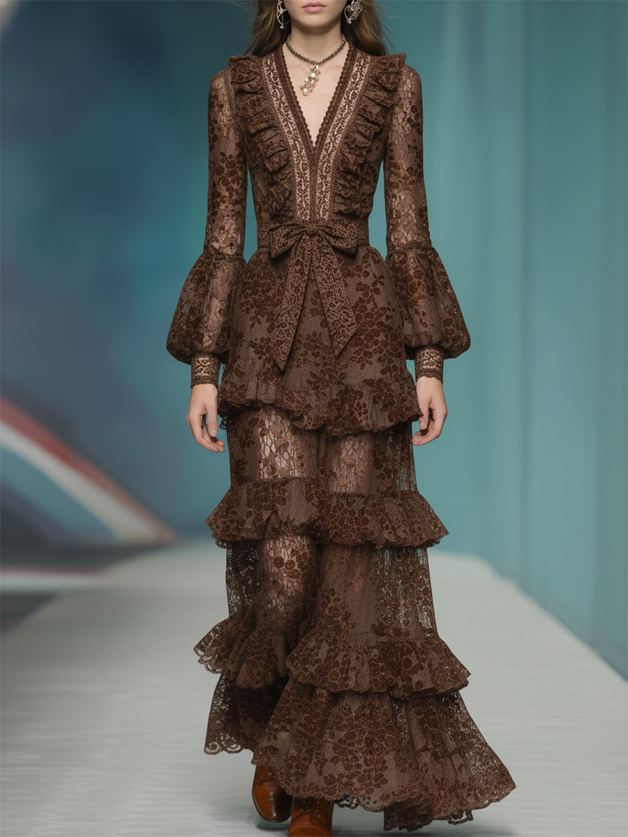 Casual And Stylish V-neck Ruffled Brown Lace Maxi Dress
