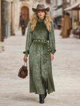 Retro Western Style Velvet Cashew Embossed Green Maxi Dress