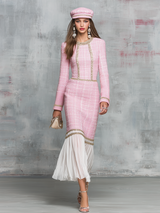 Elegant Round Neck Gold Trim Tweed Midi Dress