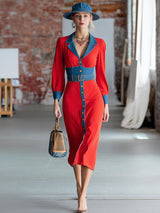 Casual Western Red Patchwork Denim Midi Dress
