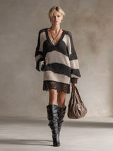 Chic Urban Lace-trimmed Black Striped V-neck Knit Mini Dress