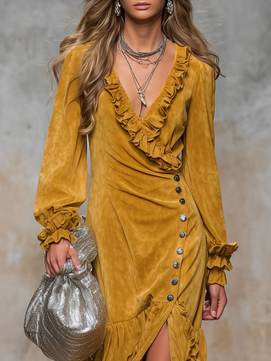 V-neck Ruffled Button-front Slit Faux Suede Long-sleeved Midi Dress