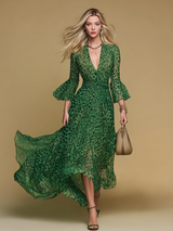 Elegant And Retro V-neck Leopard Print Chiffon Midi Dress