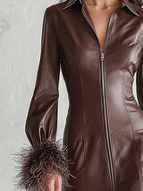 Elegant And Sophisticated Chocolate Brown Collared PU Feather-trimmed Midi Dress
