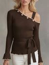 Elegant And Retro-style Brown Knitted Off-the-shoulder Sweater