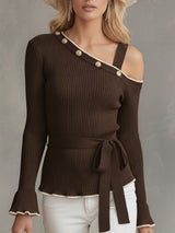 Elegant And Retro-style Brown Knitted Off-the-shoulder Sweater
