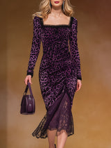Stylish And Elegant Lace Purple Leopard Print Square-neck Midi Dress
