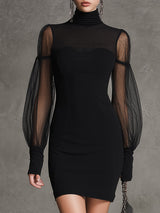 Elegant Black Knitted And Tulle Patchwork Mini Dress