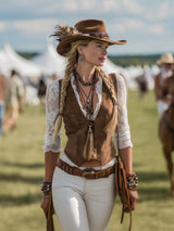 Romantic Western Style Lace Sleeves Brown Suede Shirt