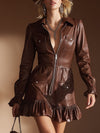 Stylish Vintage Brown Lapel Faux Leather Mini Dress