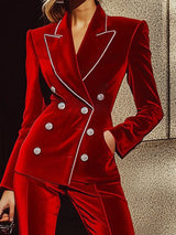 【24-hour shipping】High-End Fashion Red Velvet Suit With Silver Trim