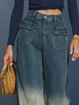 Casual Fashion Gradient Washed Denim Blue Gray Loose Pants