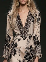 Elegant Bohemian Style V-neck Tassel Floral Print Beige Satin Maxi Dress