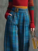 Vintage Fashion Versatile Blue Plaid Wide-leg Pants
