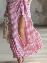 Pink Checkered Wrap Maxi Dress