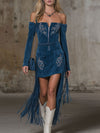 Off-the-shoulder Zippered Embroidered Fringed Faux Suede Long-sleeved Mini Dress