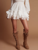 Stylish Vintage Long-sleeved Lace-paneled White Chiffon Mini Dress