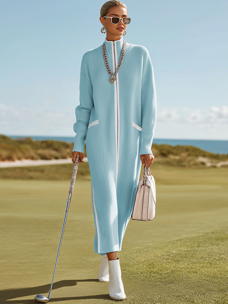 Sporty And Stylish White-trimmed Blue Knit Maxi Dress