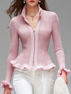 Pink Stand-up Collar Zipper Ruffled Mesh Knit Cardigan