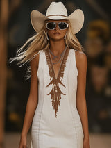 【24-hour shipping out】Casual Vintage Brown Embroidery White Denim Sleeveless Tassel Midi Dress