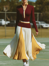 Trendy Sporty Burgundy Knit Top With Yellow And White Color-blocked Pleated Skirt Set