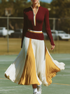 Trendy Sporty Burgundy Knit Top With Yellow And White Color-blocked Pleated Skirt Set