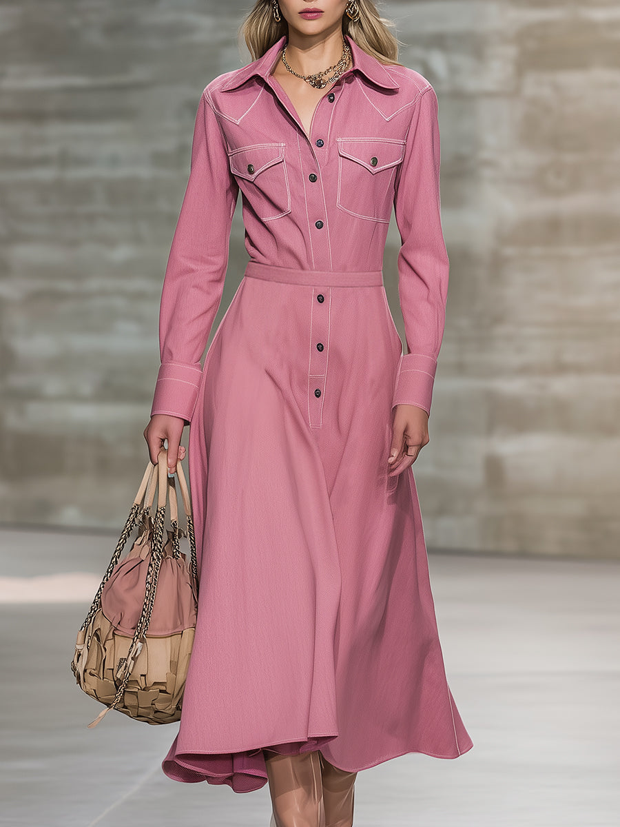 Retro Pink Denim Button White Stitching Maxi Dress