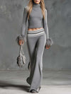 Retro Fashion Sporty Gray Knitted Feather Cuffs High-neck Top And Slim-fit Flared Pants Suit