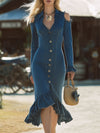 Western-style Blue Denim Off-the-shoulder Button-down With Ruffles Midi Dress