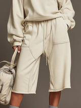 Sporty Retro Crew Neck Color Block Beige Cotton Sweatshirt And Shorts Set