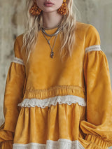 Round Neck Lace Trim Faux Suede Long-sleeved Mini Dress