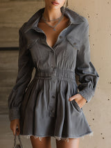 Vintage-style Collared Multi-pocketed Elastic-waist Gray Denim Long-sleeved Mini Dress