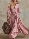 Elegant Urban Pink Collared Cotton-linen Maxi Dress