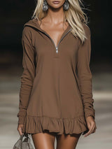 Casual Fashion Loose Brown Long Sleeve Ruffle Hem Hooded Mini Dress