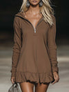 Casual Fashion Loose Brown Long Sleeve Ruffle Hem Hooded Mini Dress