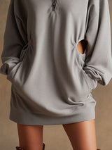 Casual Sporty Black PU Collar Gray Hollowed-out Long-sleeved Mini Dress