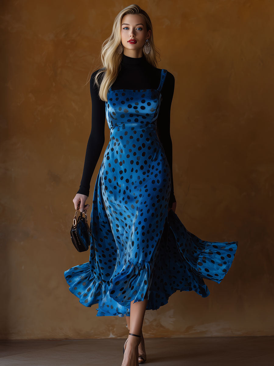 Stylish Retro Black Polka Dot And Blue Velvet Strappy Midi Dress