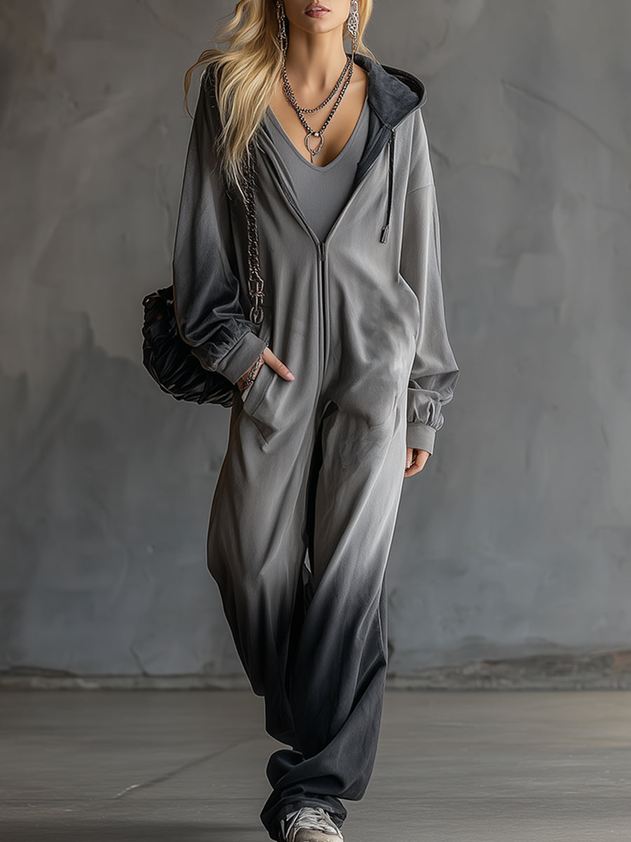 Trendy Sporty Grey Gradient Black Hooded Jumpsuit