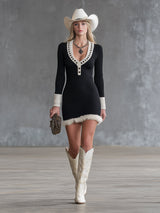 Black Knitted Mini Dress With White U-neck Studded Fur Trim