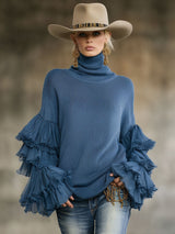 Turtleneck Ruffle Sleeve Knit Pullover Sweater