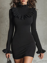 Stylish Black KnittedWith Ruffled Bell Sleeves Mini Dress