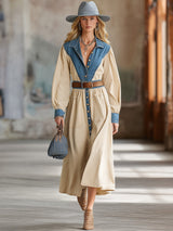 Western-style Beige Cotton Patchwork Denim Maxi Dress