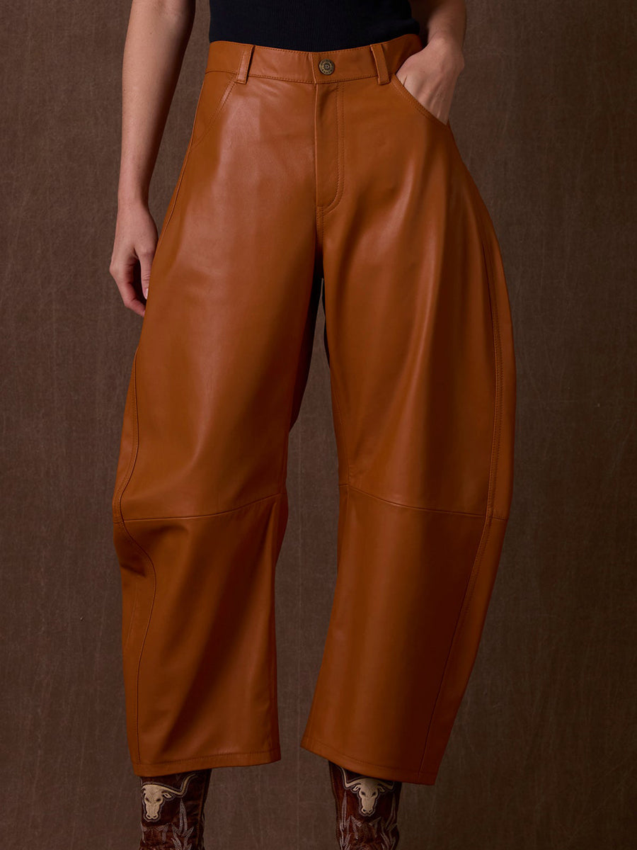 High-end Stylish Pumpkin-colored Faux Leather Curved Pants