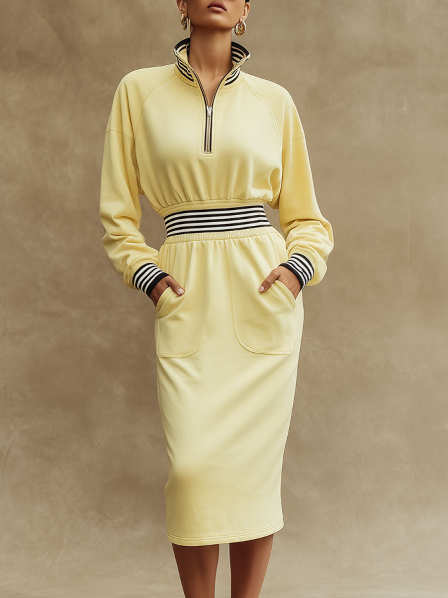 Sporty Retro Striped Ribbed Light Yellow Half-zip Long-sleeved Midi Dress