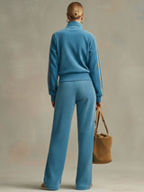 Sporty Retro Embroidered Blue Corduroy Zipper Sweatshirt And Wide-Leg Pants Set