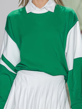 Stylish Green And White Color-blocked Sweatshirt And Pleated Skirt Set