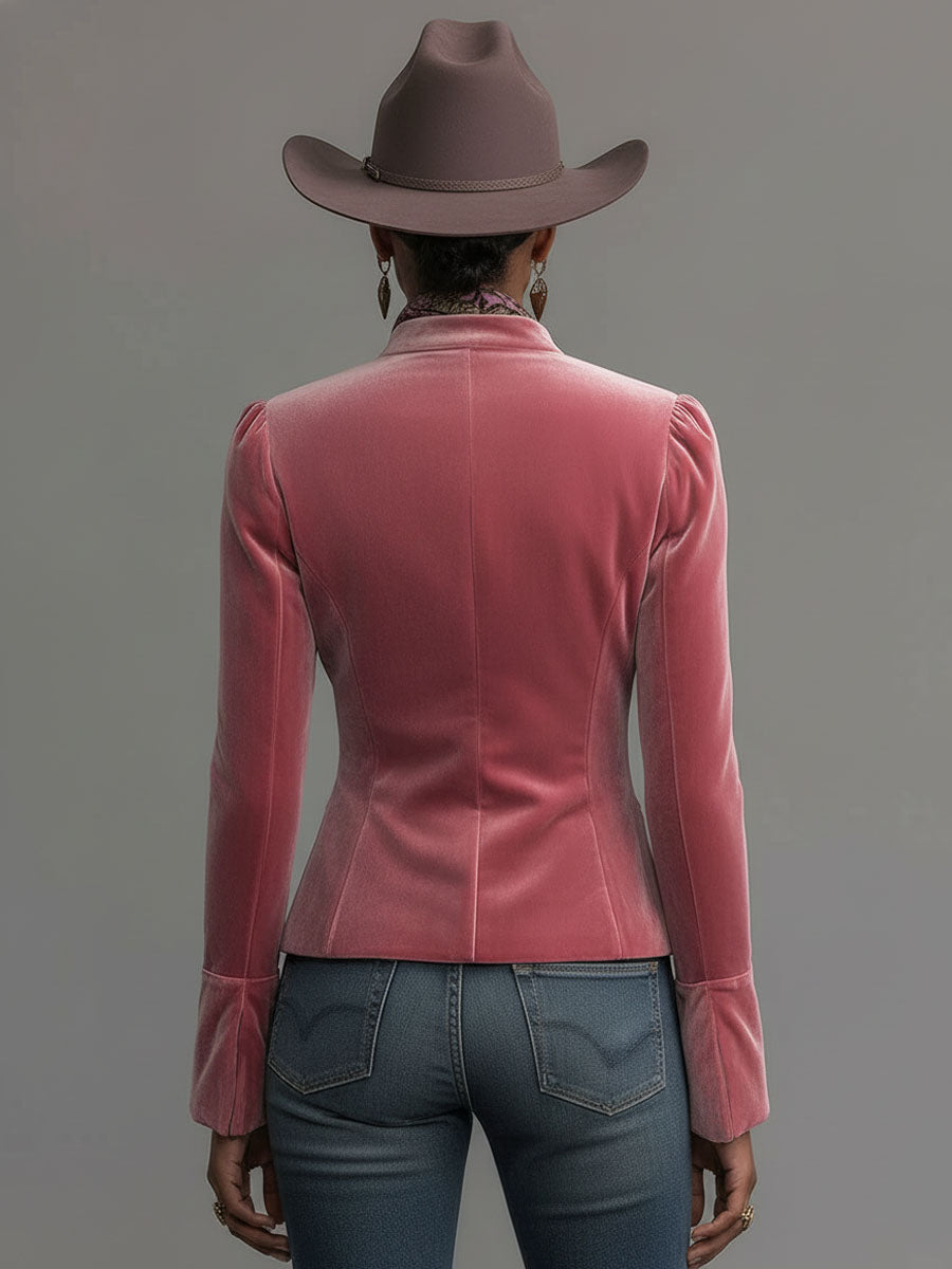 Western-style Stand-up Collar Single-breasted Floral Embroidered Velvet Jacket